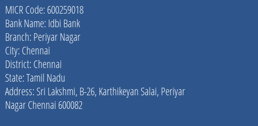 Idbi Bank Periyar Nagar MICR Code