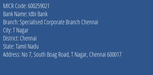 Idbi Bank Specialised Corporate Branch Chennai MICR Code