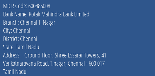 Kotak Mahindra Bank Limited Chennai T. Nagar MICR Code