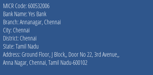 Yes Bank Annanagar Chennai MICR Code