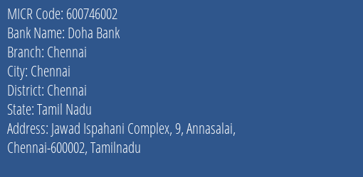 Doha Bank Chennai MICR Code