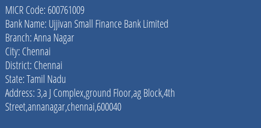Ujjivan Small Finance Bank Limited Anna Nagar MICR Code