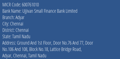 Ujjivan Small Finance Bank Limited Adyar MICR Code