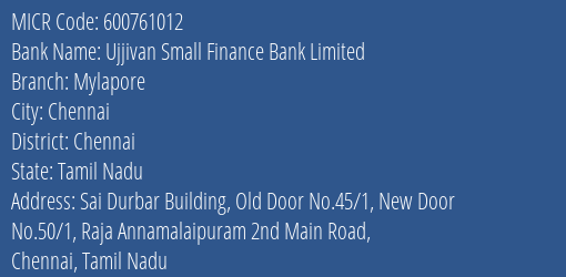 Ujjivan Small Finance Bank Limited Mylapore MICR Code