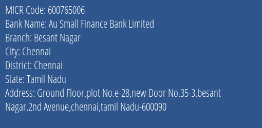 Au Small Finance Bank Limited Besant Nagar MICR Code