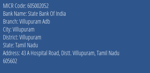 State Bank Of India Villupuram Adb Branch MICR Code 605002052