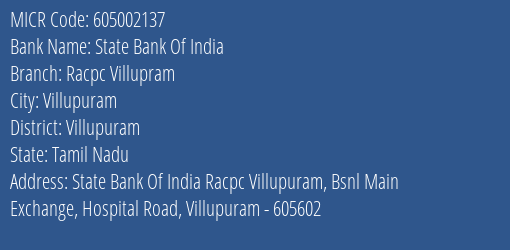 State Bank Of India Racpc Villupram Branch MICR Code 605002137