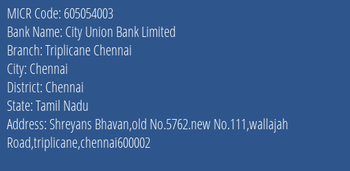 City Union Bank Limited Triplicane Chennai MICR Code