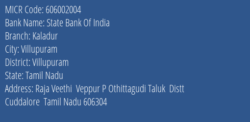 State Bank Of India Kaladur Branch MICR Code 606002004