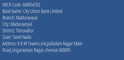 City Union Bank Limited Maduravayal MICR Code