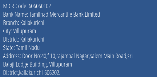 Tamilnad Mercantile Bank Limited Kallakurichi MICR Code