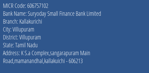Suryoday Small Finance Bank Limited Kallakurichi MICR Code