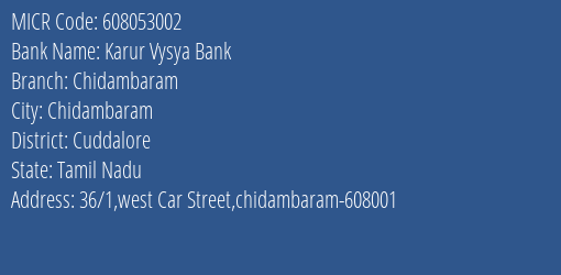 Karur Vysya Bank Chidambaram MICR Code