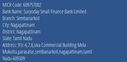 Suryoday Small Finance Bank Limited Sembanarkoil MICR Code