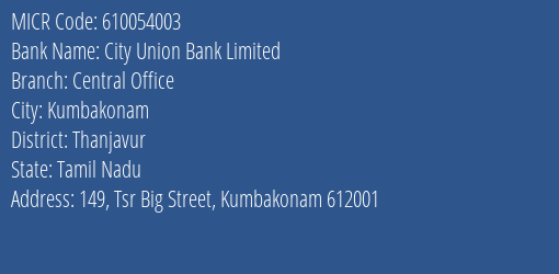 City Union Bank Limited Central Office MICR Code