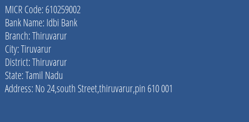Idbi Bank Thiruvarur MICR Code