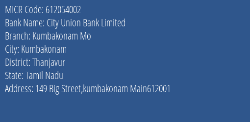 City Union Bank Limited Kumbakonam Mo MICR Code