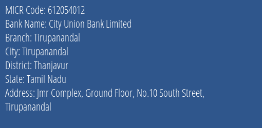 City Union Bank Limited Tirupanandal MICR Code