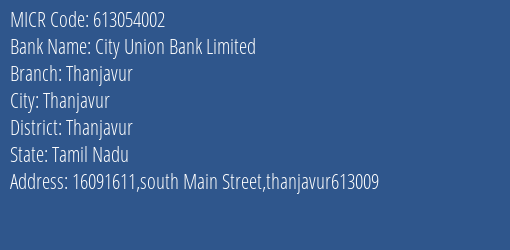 City Union Bank Limited Thanjavur MICR Code