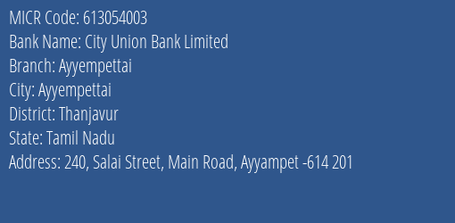 City Union Bank Limited Ayyempettai MICR Code
