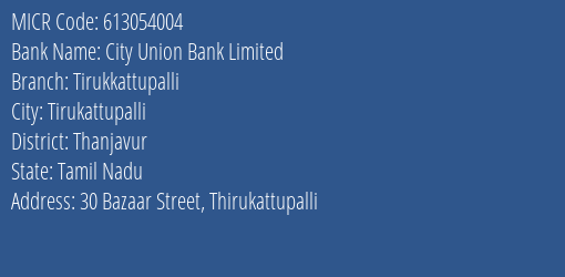 City Union Bank Limited Tirukkattupalli MICR Code