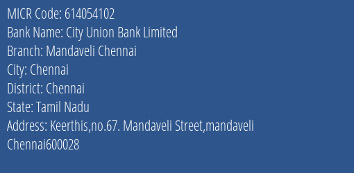 City Union Bank Limited Mandaveli Chennai MICR Code