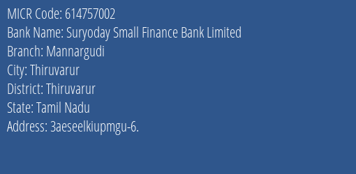Suryoday Small Finance Bank Limited Mannargudi MICR Code