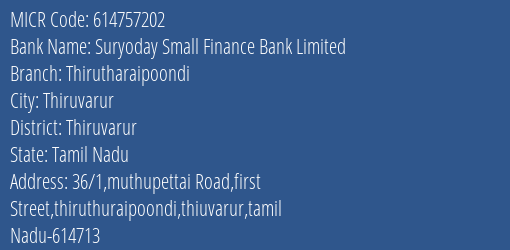 Suryoday Small Finance Bank Limited Thirutharaipoondi MICR Code