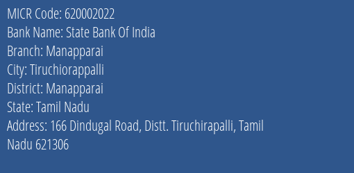 State Bank Of India Manapparai Branch Address Details and MICR Code 620002022