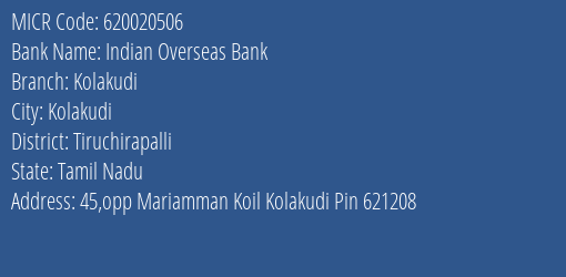 Indian Overseas Bank Kolakudi MICR Code