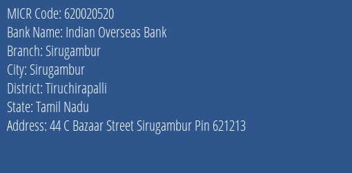 Indian Overseas Bank Sirugambur MICR Code