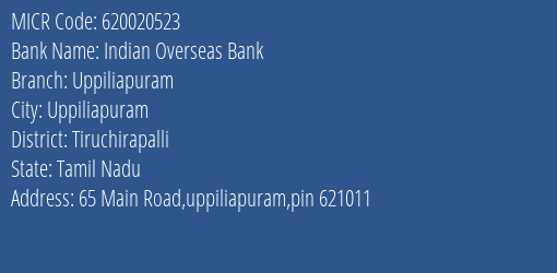 Indian Overseas Bank Uppiliapuram MICR Code