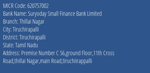 Suryoday Small Finance Bank Limited Thillai Nagar MICR Code