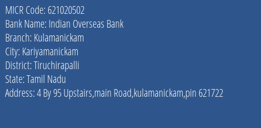 Indian Overseas Bank Kulamanickam MICR Code