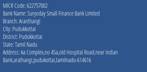 Suryoday Small Finance Bank Limited Aranthangi MICR Code