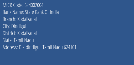 State Bank Of India Kodaikanal MICR Code