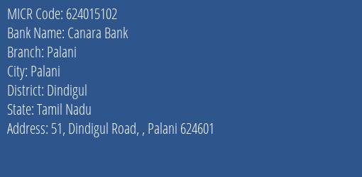 Canara Bank Palani Branch MICR Code 624015102