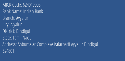 Indian Bank Ayyalur Branch Address Details and MICR Code 624019003