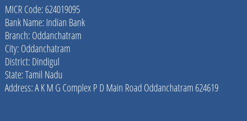 Indian Bank Oddanchatram Branch Address Details and MICR Code 624019095