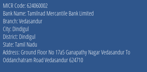 Tamilnad Mercantile Bank Limited Vedasandur MICR Code