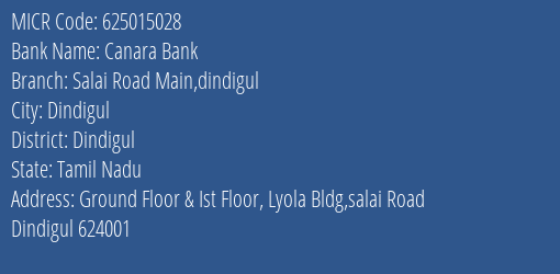 Canara Bank Salai Road Main Dindigul Branch MICR Code 625015028