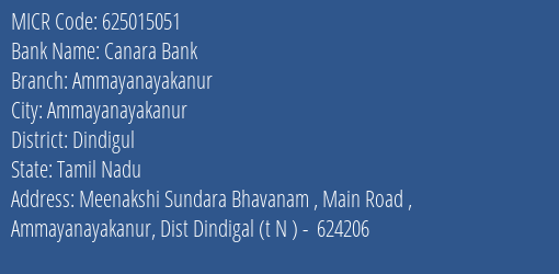 Canara Bank Ammayanayakanur Branch MICR Code 625015051