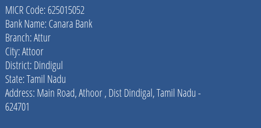 Canara Bank Attur Branch MICR Code 625015052
