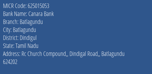 Canara Bank Batlagundu Branch MICR Code 625015053