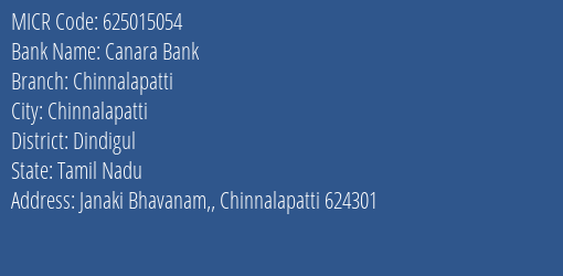 Canara Bank Chinnalapatti Branch MICR Code 625015054