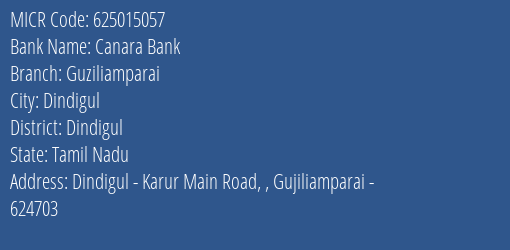 Canara Bank Guziliamparai Branch MICR Code 625015057