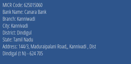 Canara Bank Kanniwadi Branch MICR Code 625015060