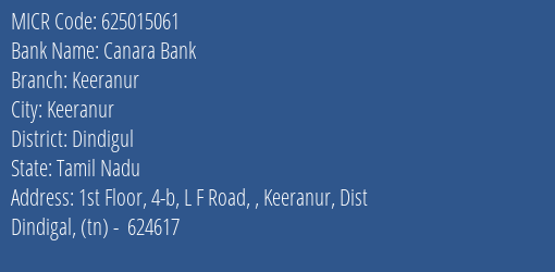 Canara Bank Keeranur Branch MICR Code 625015061