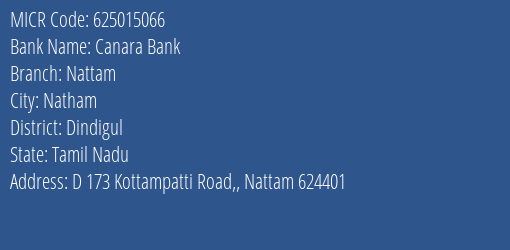 Canara Bank Nattam Branch MICR Code 625015066