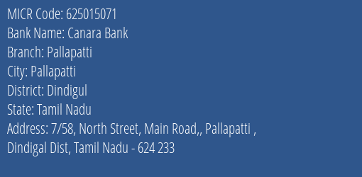 Canara Bank Pallapatti Branch MICR Code 625015071